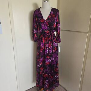 MSK Blk/Purple/Red Floral Maxi Dress, V-Neck, 7/8 Sleeve, Self Belt, NWT, Sz.6